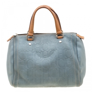 Pre Owned Carolina Herrera Light Blue Monogram Leather Andy Boston Bag