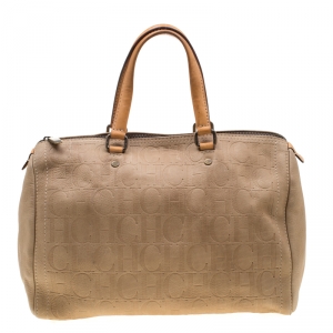 Carolina Herrera Beige Monogram Leather Andy Boston Bag