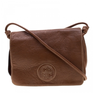 Pre Owned Carolina Herrera Brown Leather Flap Shoulder Bag