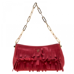 Carolina Hererra Red Leather Fringe Chain Shoulder Bag