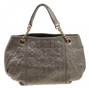 Pre Owned Carolina Herrera Metallic Beige Monogram Leather Poppy Tote