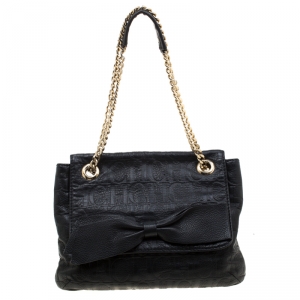 Pre Owned Carolina Herrera Black Monogram Leather Audrey Shoulder Bag