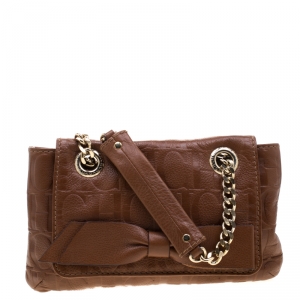 Pre Owned Carolina Herrera Brown Monogram Leather Audrey Shoulder Bag