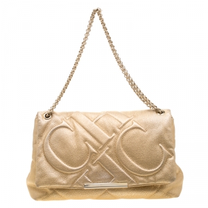 Carolina Herrera Gold Mettalic Quilted Leather Flap Chain Shoulder Bag