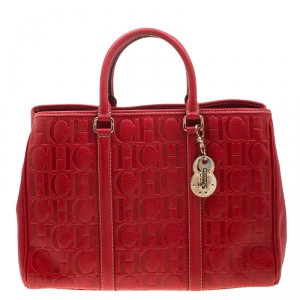 Pre Owned Carolina Herrera Red Monogram Leather Matteo Tote