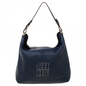 Pre Owned Carolina Hererra Navy Blue Pebbled Leather Hobo
