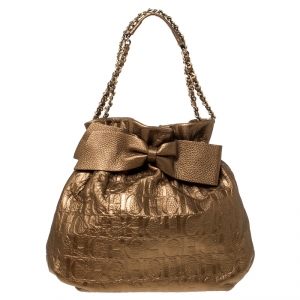 Pre Owned Carolina Herrera Gold Embossed Leather Bow Bucket Shoulder Bag
