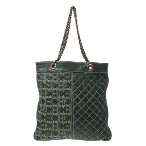 Pre Owned Carolina Herrera Dark Green Quilted Signature Leather Tote 