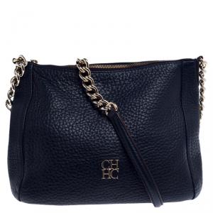 Pre Owned Carolina Herrera Navy Blue Pebbled Leather Maria Shoulder Bag