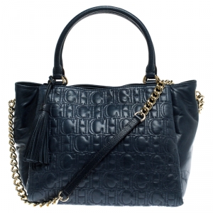 Carolina Herrera Navy Blue Monogram Leather Tote