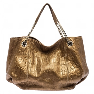 Pre Owned Carolina Herrera Metallic Gold Monogram Leather Poppy Hobo