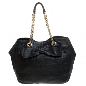 Pre Owned Carolina Herrera Black Embossed Leather Bow Bucket Shoulder Bag