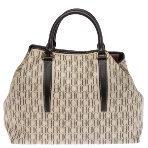 Pre Owned Carolina Herrera White/Brown Monogram PVC and Leather Shopper Tote