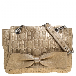 Pre Owned Carolina Herrera Metallic Gold Monogram Leather Audrey Shoulder Bag