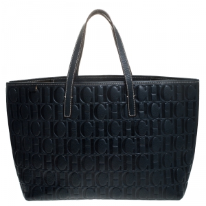 Pre Owned Carolina Herrera Navy Blue Monogram Leather Shopper Tote