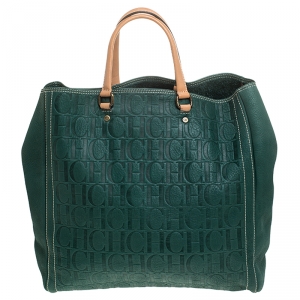 Pre Owned  Carolina Herrera Green Monogram Leather Shopper Tote
