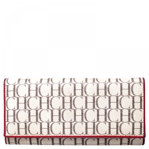 Pre Owned Carolina Herrera Beige/Red Monogram Coated Canvas Continental Wallet