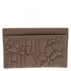 Pre Owned Carolina Herrera Beige Leather Embossed Card Holder