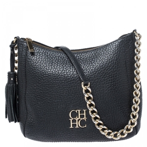 Pre Owned Carolina Herrera Black Leather Chain Tassel Shoulder Bag