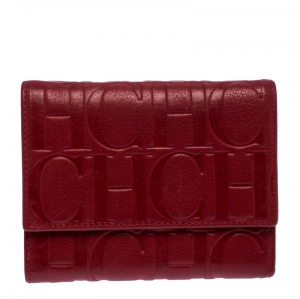 Pre Owned Carolina Herrera Red Monogram Leather Tri Fold Compact Wallet