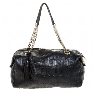 Carolina Herrera Black Monogram Leather Tassel Satchel