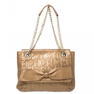 Carolina Herrera Bronze Monogram Leather Audrey Shoulder Bag