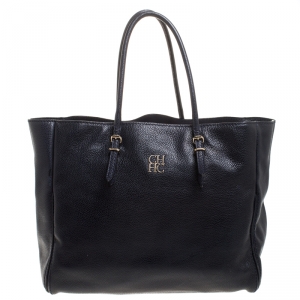 Pre Owned Carolina Herrera Navy Blue Leather Shopper Tote
