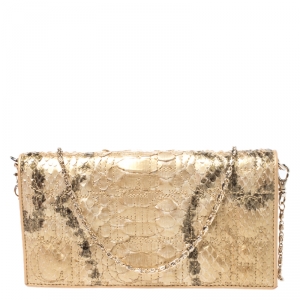 Pre Owned Carolina Herrera Metallic Gold Python Chain Clutch