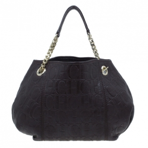 Pre Owned Carolina Herrera Brown Monogram Celidonia Chain Handle Tote