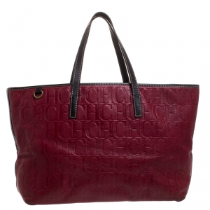 Pre Owned Carolina Herrera Red/Dark Brown Monogram Embossed Leather Shopper Tote