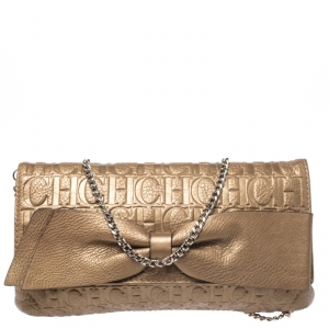 Pre Owned Carolina Herrera Gold Monogram Embossed Leather Bow Shoulder Bag
