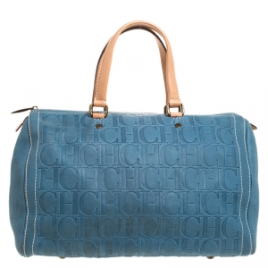 Carolina Herrera Light Blue Monogram Leather Large Andy Boston Bag