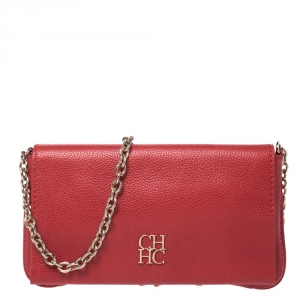 Pre Owned Carolina Herrera Red Leather Chain Flap Shoulder Bag