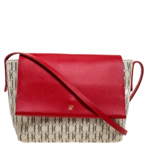 Pre Owned Carolina Herrera Beige/Red Monogram Coated Canvas Flap Crossbody Bag