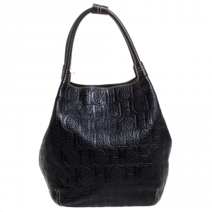 Pre Owned Carolina Herrera Black Monogram Leather Shoulder Bag