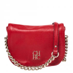 Pre Owned Carolina Herrera Red Leather Flap Crossbody Bag