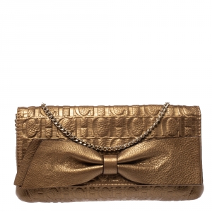 Pre Owned Carolina Herrera Gold Monogram Embossed Leather Bow Shoulder Bag