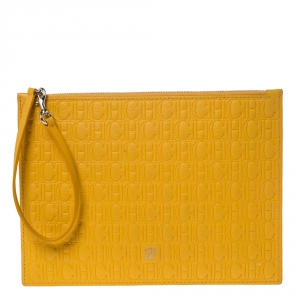 Carolina Herrera Mustard Embossed Leather Continental Pouch
