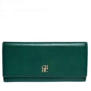 Pre Owned Carolina Herrera Green Leather Continental Flap Wallet