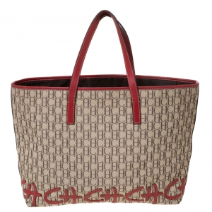 Pre Owned Carolina Herrera Beige/Red Monogram Canvas and Leather Logo Patch Tote