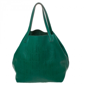 Pre Owned Carolina Herrera Green Monogram Leather Matryoshka Tote