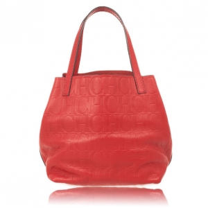 Pre Owned Carolina Herrera Red Monogram Embossed Extra Small Matryoshka Tote