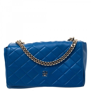 Pre Owned Carolina Herrera Blue Quilted Leather Flap Shoulder Bag