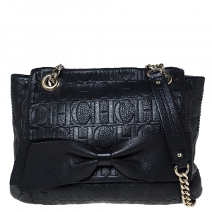 Pre Owned Carolina Herrera Black Embossed Leather Audrey Shoulder Bag