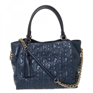 Pre Owned Carolina Herrera Blue Monogram Leather Tote