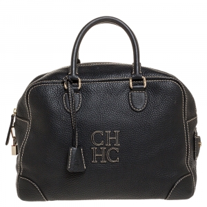 Pre Owned Carolina Herrera Black Leather Logo Bowler Bag