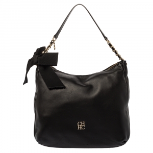 Pre Owned Carolina Herrera Black Leather Bow Zip Hobo