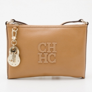Pre Owned Carolina Herrera Tan Leather Logo CH Crossbody