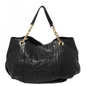Pre Owned Carolina Herrera Black Monogram Embossed Leather Dahlia Hobo