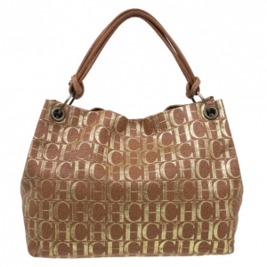 Pre Owned Carolina Herrera Brown Logo Leather Hobo